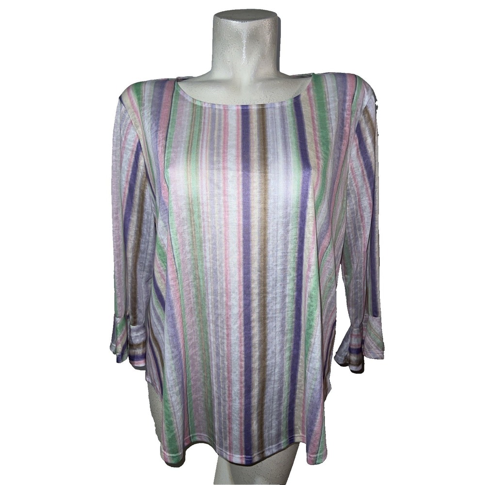 Ruby Rd Womens XL Multi Color Vertical Stripe 3/4 Bell Sleeve Burnout Knit Top